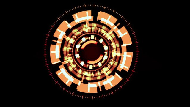 High quality animated gizmo digital eye design with complex rotating elements in orange color scheme on a plain black background for easy compositing, great for screen replacement elements