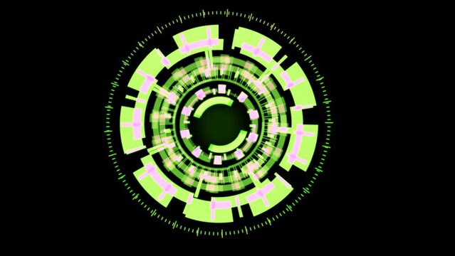 High quality animated gizmo digital eye design with complex rotating elements in green color scheme on a plain black background for easy compositing, great for screen replacement elements