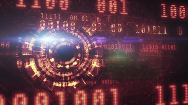 Cyber surveillance animated 3D digital eye design with complex circuitry and binary code elements in a 3D digital space in orange color scheme on a dark background