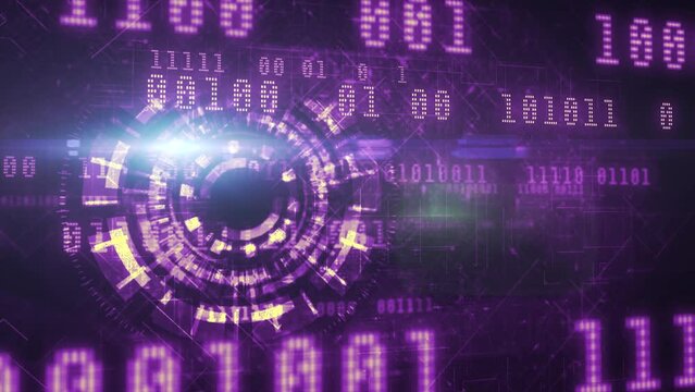 Cyber surveillance animated 3D digital eye design with complex circuitry and binary code elements in a 3D digital space in magenta color scheme on a dark background