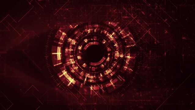 Cyber surveillance animated digital eye design with complex animated circuitry elements in orange color scheme on a dark background, great for screen replacement elements