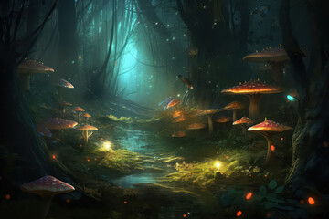 Fairytale Magical Forest with Glowing Mushrooms at Night