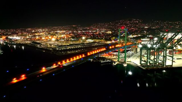Aerial view Vincent Thomas Bridge in Los Angeles at night in America