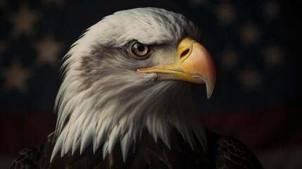 Naklejka premium Proud Bald Eagle with American Flag Background. Generative AI