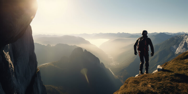 Leap of Adventure: Base jumper prepared to jump from mountain cliff. Generative AI