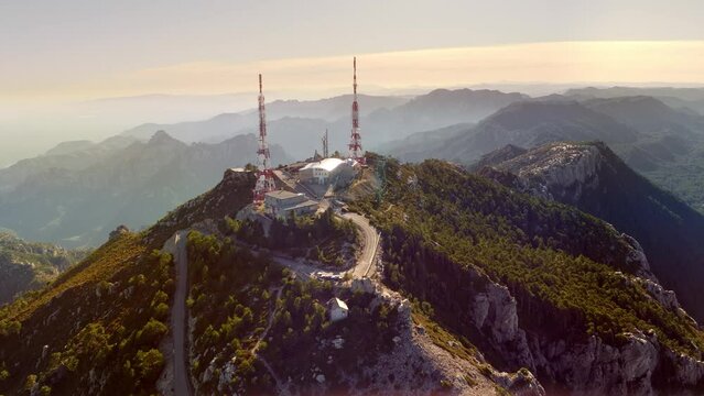 aerial 4K drone landscape of sunset over antennas in Catalunya Catalonia Parc Natural dels Ports