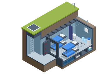 Isometric concrete bomb shelter, Bunker, bombproof shelter, air-raid shelter. Underground bomb shelter with beds, a supply of food for the survival of people during a war or nuclear contamination