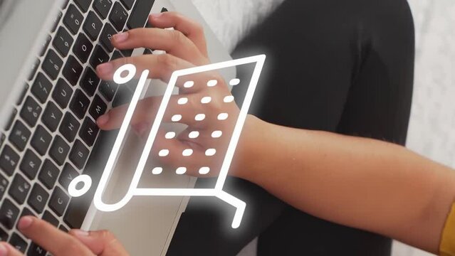 Vertical motion graphics of shopping cart over young hands on keyboard