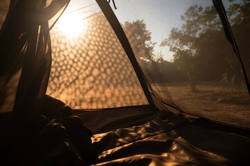 Tent with the sun shining through the mesh window. Generative AI