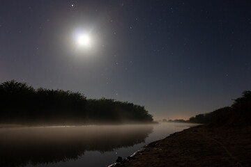 Naklejka premium A lake at night, with calm waters and mist covering the surface. In the distance, shadowy trees are silhouetted against the mist and the moon and a few stars peek through the clouds. A magical and eni