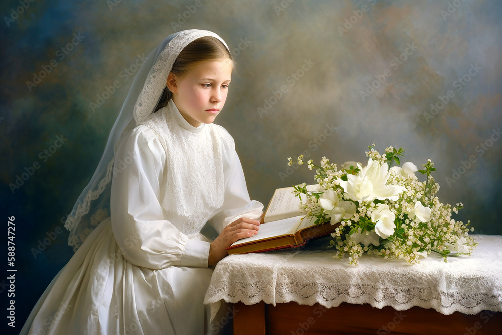 Wall mural A praying girl in her first communion outfit. AI generativ. - Wall murals