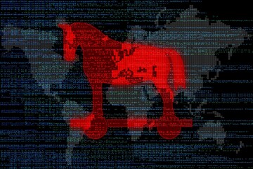 red glowing silhouette of trojan horse superimposed on world map and real c plus code as symbol for worldwide malware spreading through internet