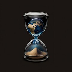 Earth planet in a hourglass or sand clock on black background, Global warming concept, Earth day, Earth hour,generative ai