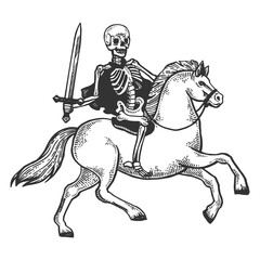 Fototapeta na wymiar Skeleton warrior on horse engraving PNG illustration with transparent background