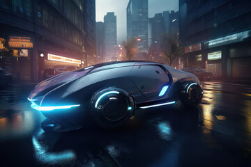 Fototapeta na wymiar Futuristic Car in a Busy City