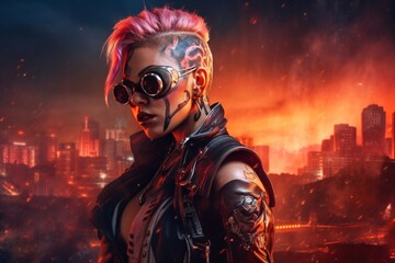 a female cyborg character portrait with sunglasses and a city on fire in the background, fictional person created with generative ai