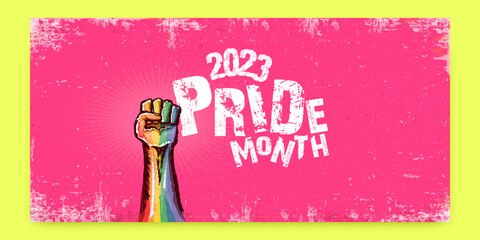 Happy pride month 2023 horizontal poster with Rised LGBT fist colored in lgbt flag isolated on pink background. LGBT Pride month 2023 and pride day poster design template. Fight for your LGBT rights