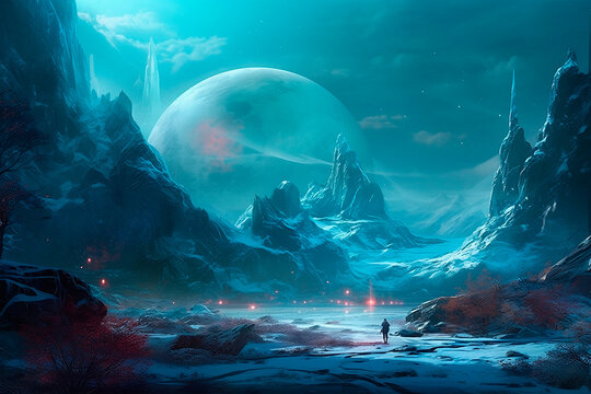 Exoplanet, frozen landscape with rocky mountains, cosmos, Icy planet for background. Created using generative AI.