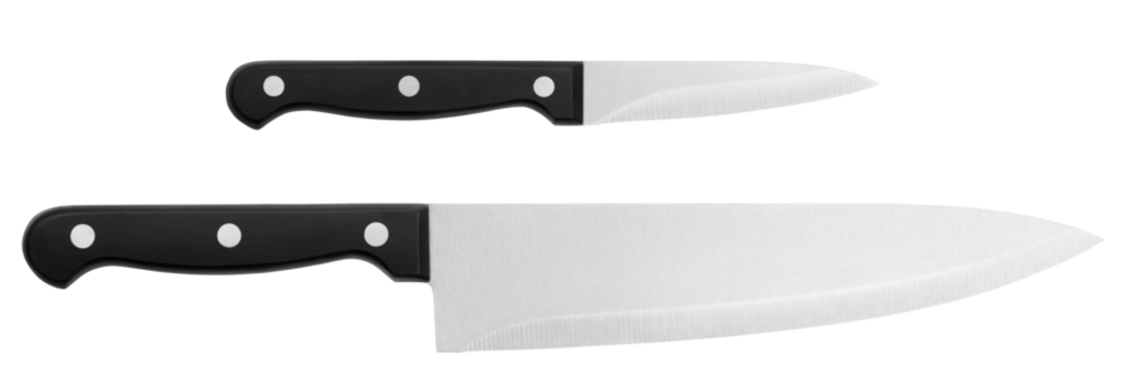 Closeup of kitchen knives isolated on transparent background