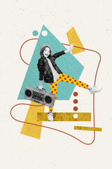 Vertical collage image of overjoyed black white colors girl hold boombox dancing isolated on drawing creative background