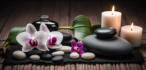 Obraz na płótnie Canvas Spa Massage basalt stones with candles, lotus flowers, orchid flower and towels on bamboo mat. Generative AI.