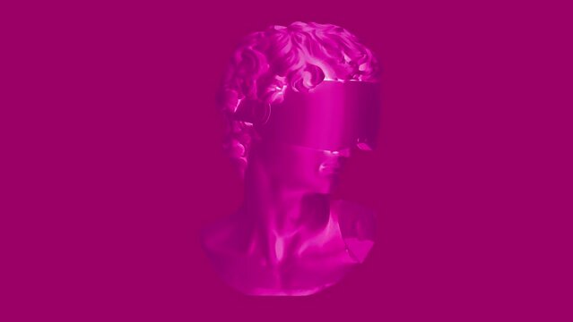 3D Multicolored Rotating David Head In VR Glasses Animation. Abstract Futuristic Michelangelo's David Sculpture In Modern Art Style. NFT Cryptoart Concept. 4K