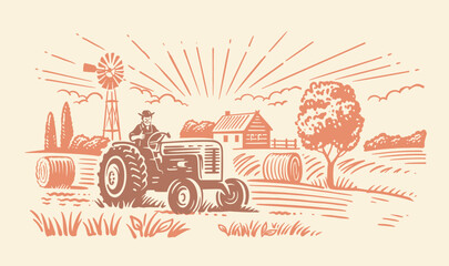 Farmer in Tractor with hay. Rural farm landscape - obrazy, fototapety, plakaty