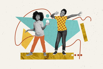 Composite collage portrait of two little black white effect cheerful kids enjoy dancing isolated on painted background