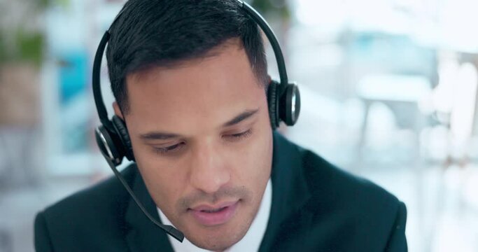 Businessman, call center and headache in frustration consulting in customer service or support at office. Tired and annoyed man consultant or agent talking to difficult client for online advice