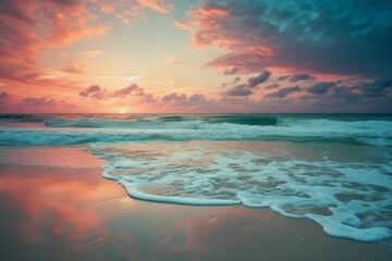 Fototapeta premium Sunset on the beach with clouds and white sand - Generative AI