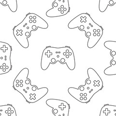 Game joystick seamless pattern. Accessories for playing on a computer or console. Texture, line art style. Decoration with keypad tool isolated on white background.