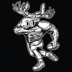 Moose Mascot American Football Black and White Illustration