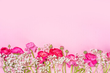 Background with flowers bouquet and gift