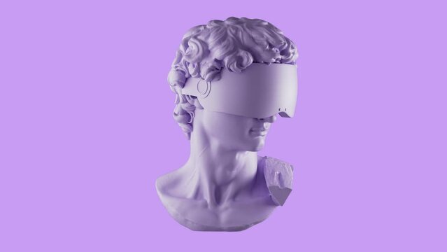 3D Multicolored Rotating David Head In VR Glasses Animation. Abstract Futuristic Michelangelo's David Sculpture In Modern Art Style. NFT Cryptoart Concept. 4K