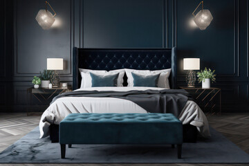 Luxurious Dark Bed and Blue Wall in Striking Bedroom Interior
