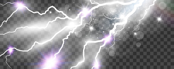 Vector image of realistic lightning. Flash of thunder on a transparent background.	
