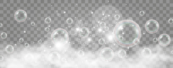 Air bubbles on a transparent background. Soap foam vector illustration.	
