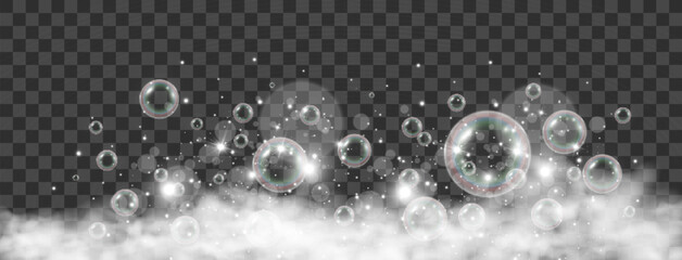 Air bubbles on a transparent background. Soap foam vector illustration.	
