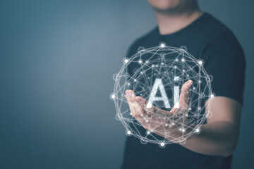 AI Technology, Smart Devices, Internet of Things. Male hand holding AI Technology concept with innovation and technology inspiration, innovation in science and research concept start up, Innovation.