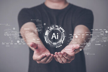 AI Technology, Smart Devices, Internet of Things. Male hand holding AI Technology concept with innovation and technology inspiration, innovation in science and research concept start up, Innovation.