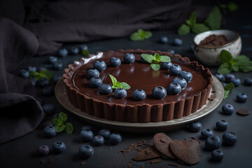 Chocolate tart with blueberries and mint, dark food style, recipe menu, generative ai - obrazy, fototapety, plakaty