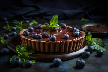 Chocolate tart with blueberries and mint, dark food style, generative ai - obrazy, fototapety, plakaty