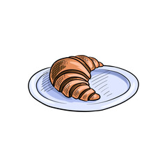 vector drawing sketch of croissant at plate, hand drawn illustration at white background