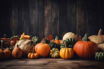 Autumn background with pumpkin collection, wooden background with copy space, generative ai