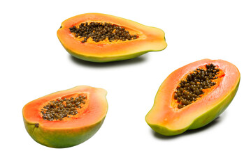 Papaya fruit isolated on a white background. Tropical fruit. Half papaya.