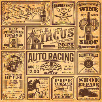 Vintage newspaper banners, old advertising page