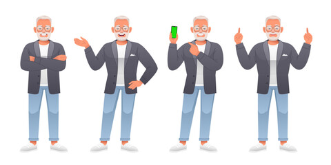 Obraz premium An elderly bearded man stands with his arms crossed, points to something, with a smartphone in his hand. An old white man with gray hair in glasses stands in various poses. Grandpa
