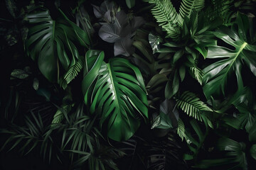 Tropical green foliage dark background, with copy space for a greeting text, generative ai