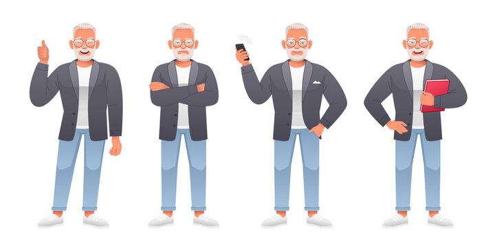 Grandpa stands displeased with his arms crossed, with a book in his hand, a gesture of approval, with a smartphone in his hand. Elderly bearded man in full growth character set. An old white man