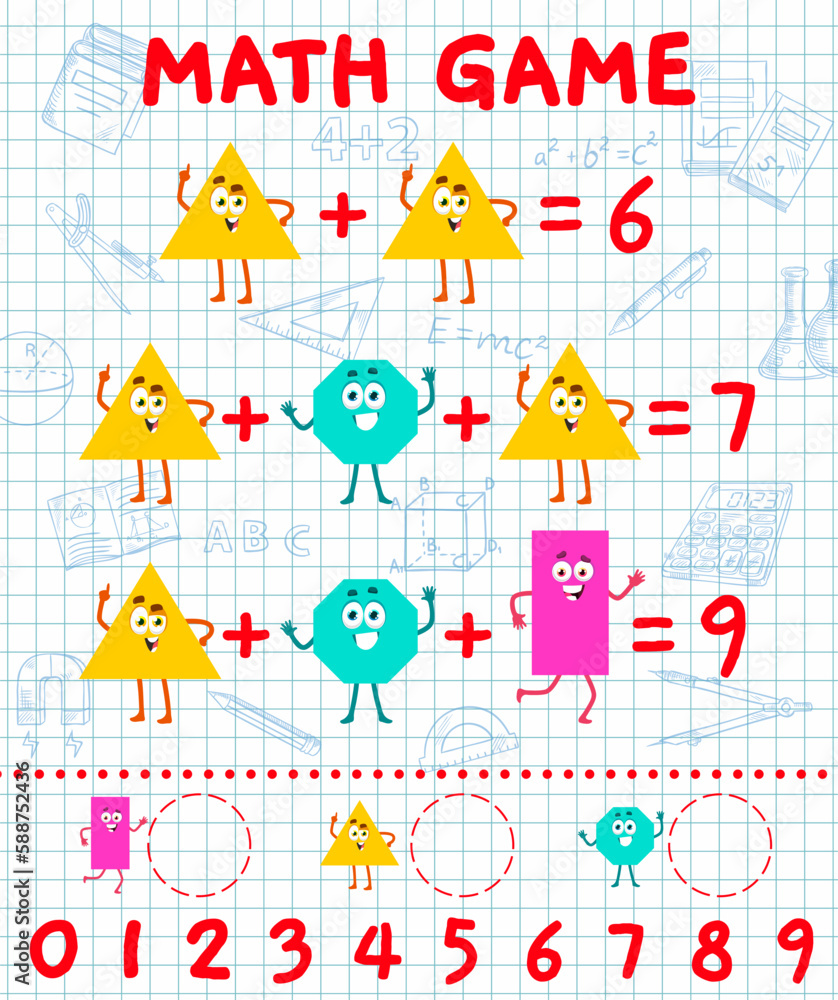 Poster addition math game with cartoon shape characters